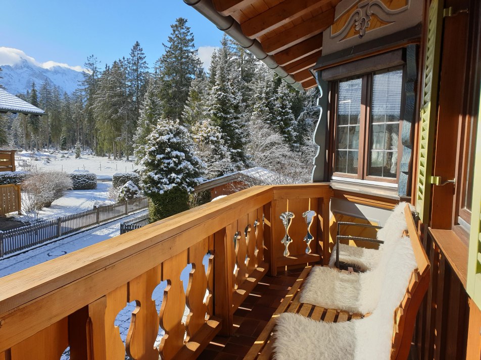 sunny balcony with mountain view
