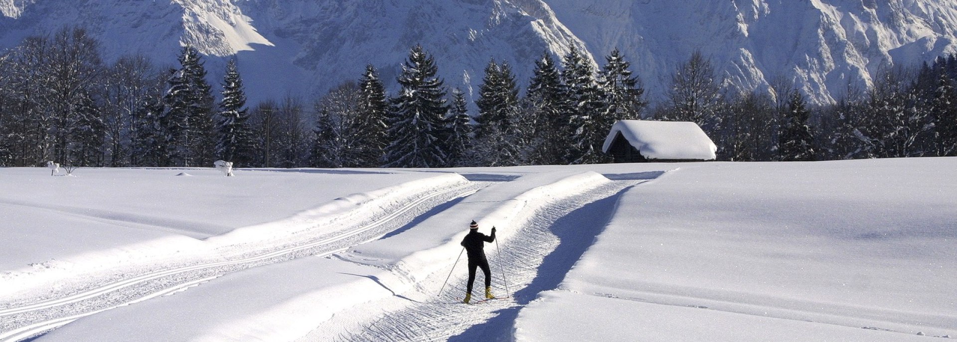 Langlaufen mit traumhaften Bergblick auf der Panoramaloipe bei Gerold, © Alpenwelt Karwendel | Christoph Schober 