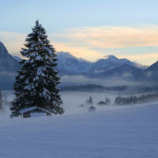 Stadel im Winter an den Buckelwiesen bei Mittenwald, © Alpenwelt Karwendel | Wera Tuma