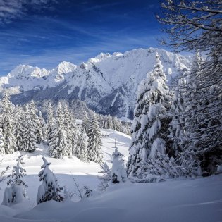 Blick vom Kranzberg auf tiefverschneites Karwendelmassiv im Winter. , © Alpenwelt Karwendel | Rudolf Pohmann 