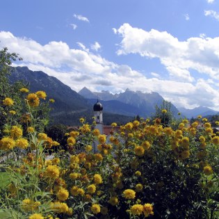 Im Sommer schönster Ausblick mit Blumen über den oberbayerischen Ort Wallgau , © Alpenwelt Karwendel | HPS-Pro 