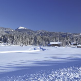 Gespurte Langlaufloipen im Krüner Ortsteil Barmsee zwischen Wetterstein und Karwendel, © Alpenwelt Karwendel | Christoph Schober