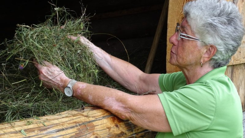 Inge Schmidt mit dem duftenden Heu für die Kräuterkissen, © Alpenwelt Karwendel | Andrea Schmölzer