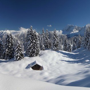 Winterliche Buckelwiesen mit Schnee aufgenommen am Kranzberg bei Mittenwald, © Alpenwelt Karwendel | Rudolf Pohmann