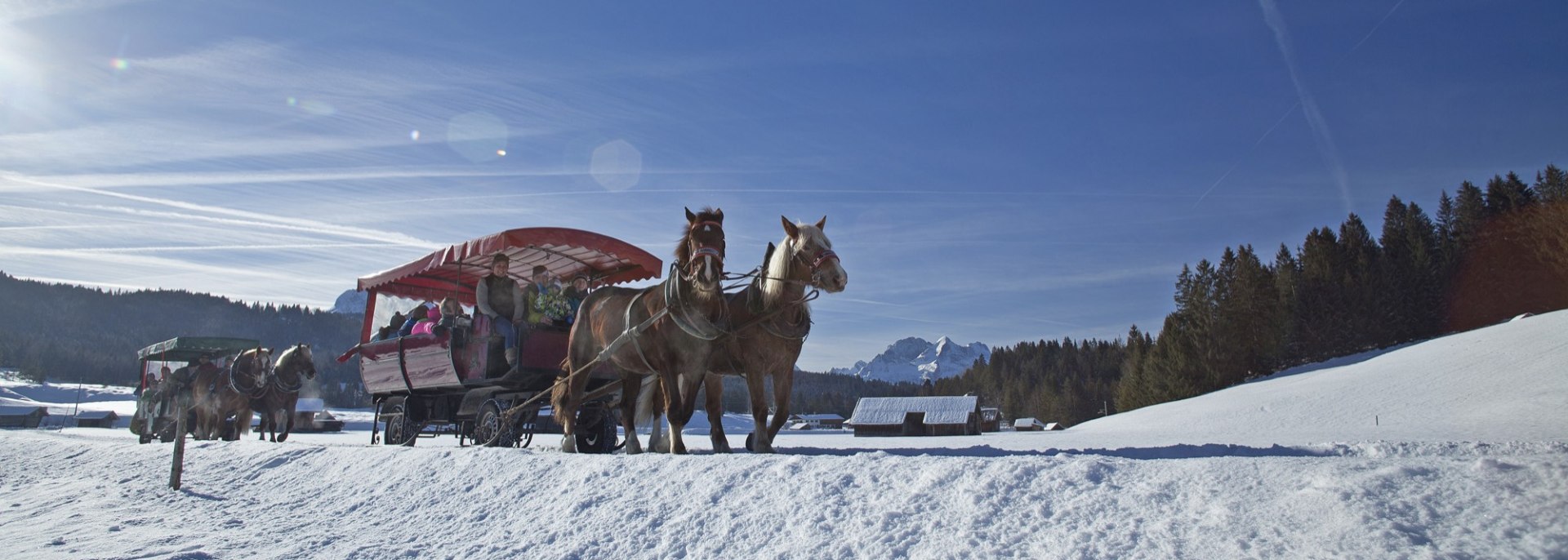 Mit dem Pferdeschlitten über die Buckelwiesen von Mittenwald nach Krün, © Alpenwelt Karwendel | Hubert Hornsteiner