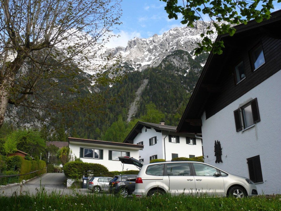 parking area, view to karwendel mountain. parking area, view to karwendel mountain.